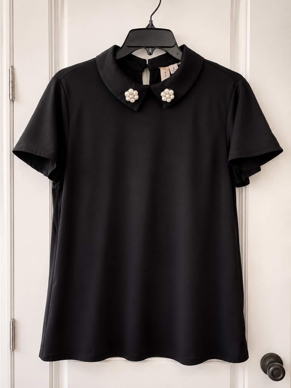 Misia Black Short-Sleeve Top with Pearl Collar Accents